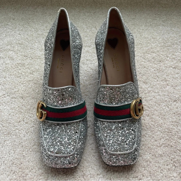 GUCCI Peyton Glitter Block Heel Loafers In Argento Silver - Picture 2 of 12